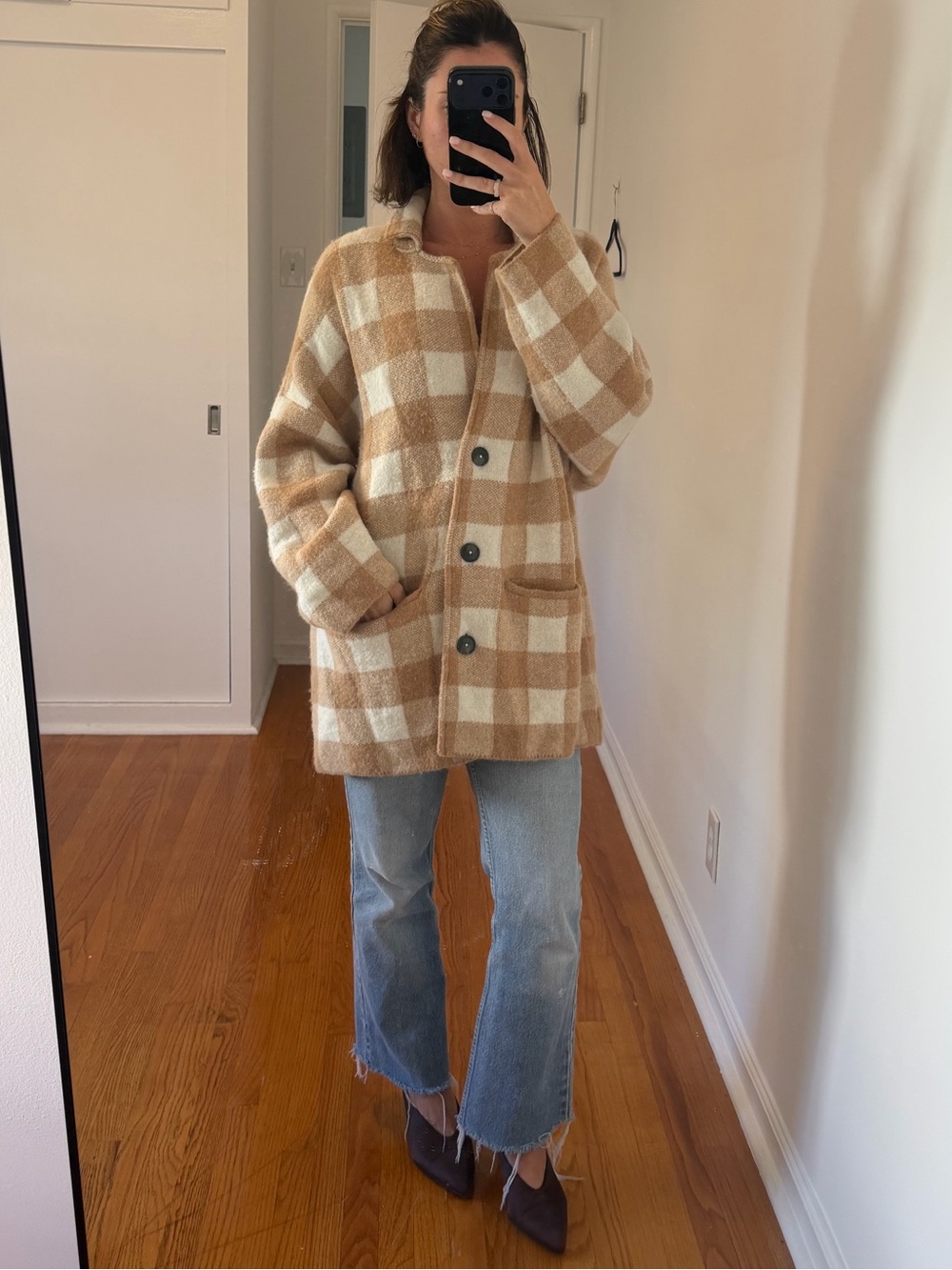 Beige & Cream Plaid Button-Up Coatigan